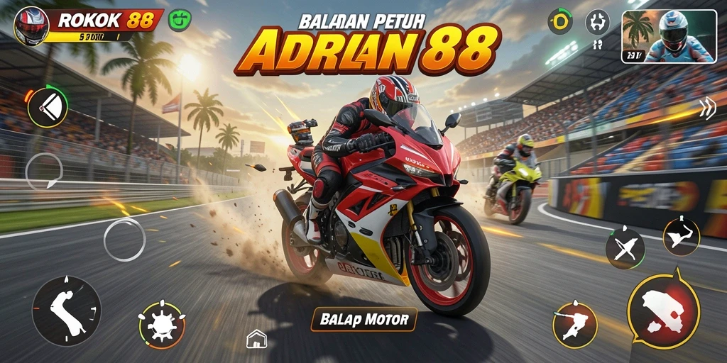 Antarmuka pengguna ROKOK88 dengan desain balapan motor yang menarik.